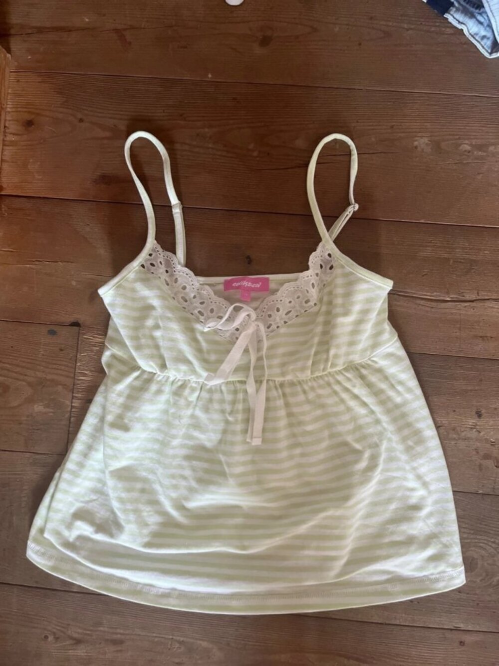 Lace Trim Striped Babydoll Cami Top with Bow XS